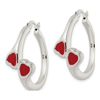Sterling Silver 31mm Red Enamel Hearts Circle Hoop Earrings – view 3
