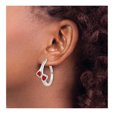 Sterling Silver 31mm Red Enamel Hearts Circle Hoop Earrings – view 4