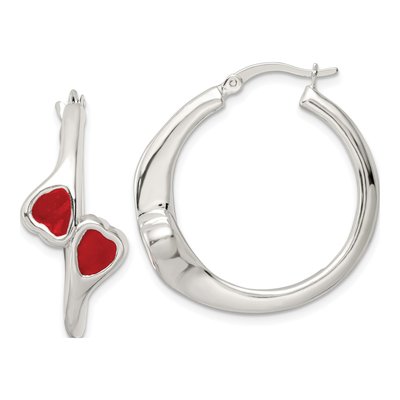 Sterling Silver 31mm Red Enamel Hearts Circle Hoop Earrings