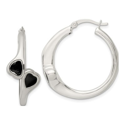 Sterling Silver 31mm Black Enameled Bypass Circle Hoop Earrings