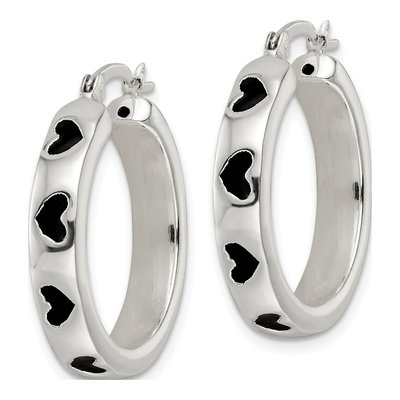 Sterling Silver 28mm Black Enameled Hearts Circle Hoop Earrings – view 3