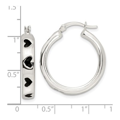 Sterling Silver 28mm Black Enameled Hearts Circle Hoop Earrings – view 5
