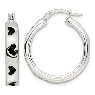 Sterling Silver 28mm Black Enameled Hearts Circle Hoop Earrings