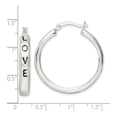 Sterling Silver 32mm Black Enamel Love Circle Hoop Earrings – view 5
