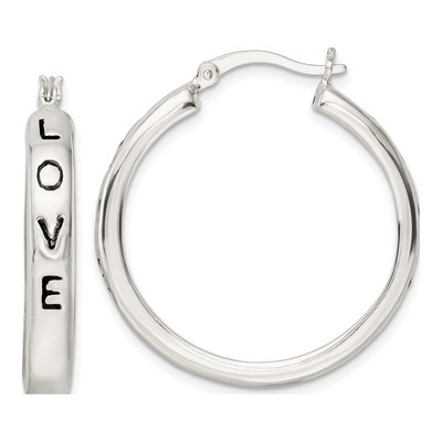 Sterling Silver 32mm Black Enamel Love Circle Hoop Earrings