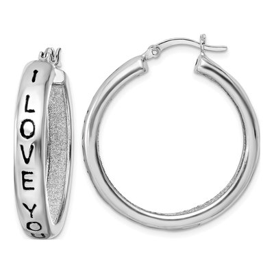 Sterling Silver 34mm Fabric Glitter I Love You Hoop Earrings
