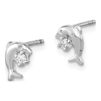 Sterling Silver Round CZ Dolphin Stud Earrings – view 3