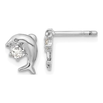 Sterling Silver Round CZ Dolphin Stud Earrings