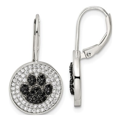 Sterling Silver CZ Paw Print Leverback Earrings