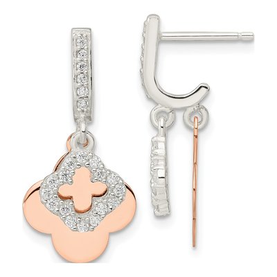 Rose Gold-Plated Sterling Silver Quatrefoil CZ Dangle Earrings