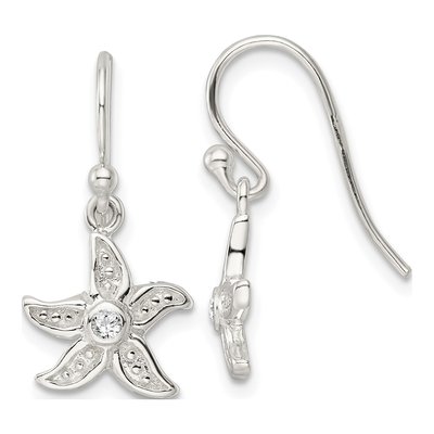 Sterling Silver CZ Starfish Shepherd Hook Dangle Earrings
