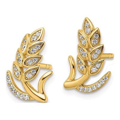 Gold-Plated Sterling Silver CZ Wheat Flower Button Stud Earrings – view 3