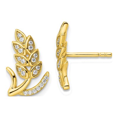 Gold-Plated Sterling Silver CZ Wheat Flower Button Stud Earrings