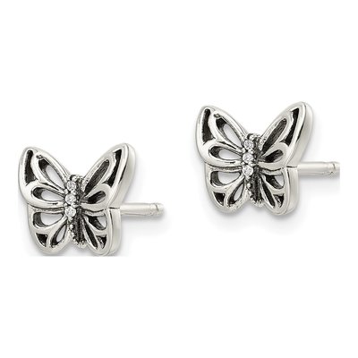 Sterling Silver CZ Antiqued Butterfly Stud Earrings – view 3