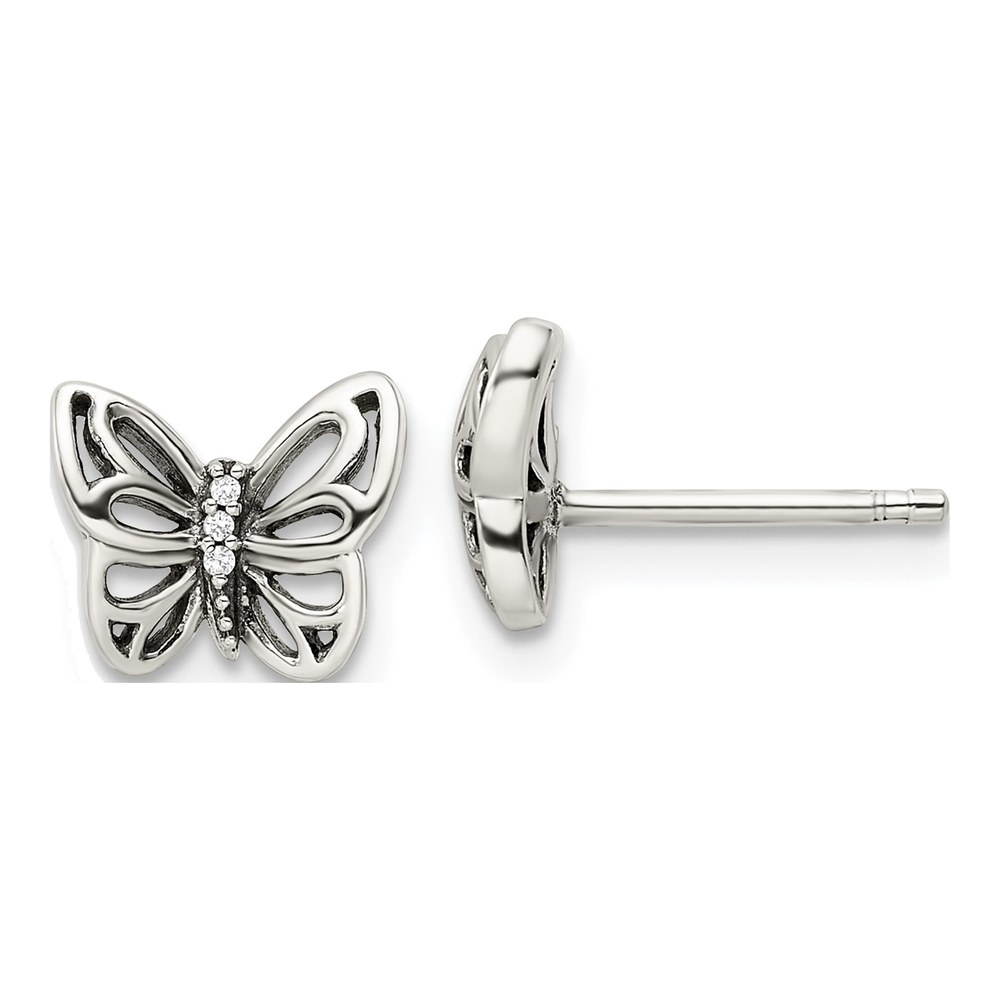Sterling Silver CZ Antiqued Butterfly Stud Earrings