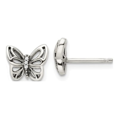 Sterling Silver CZ Antiqued Butterfly Stud Earrings