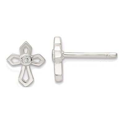 Sterling Silver Round CZ Cross Stud Earrings
