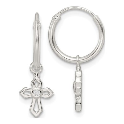 Sterling Silver 23mm CZ Passion Cross Endless Hoop Earrings