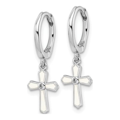 Sterling Silver 124mm CZ Enamel Cross Hoop Earrings – view 3