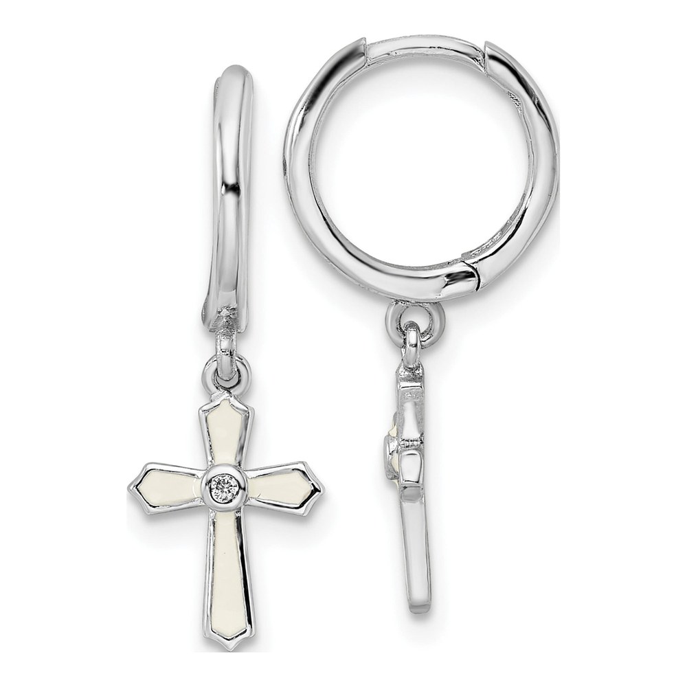 Sterling Silver CZ & White Enamel Cross Hoop Earrings