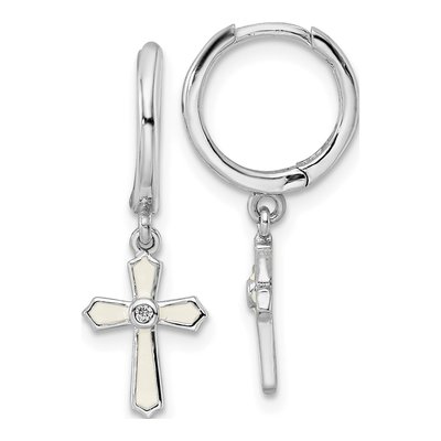Sterling Silver 124mm CZ Enamel Cross Hoop Earrings
