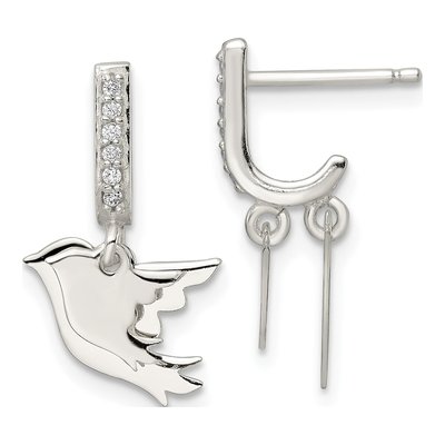Sterling Silver 20mm CZ Two Doves J- Hoop Earrings