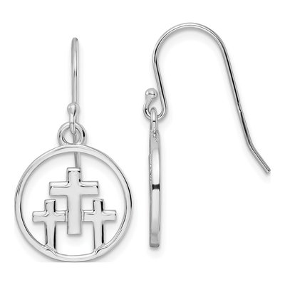 Sterling Silver Triple Cross Circle Dangle Earrings