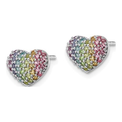 Sterling Silver Round Crystal Girls' Rainbow Heart Stud Earrings – view 3