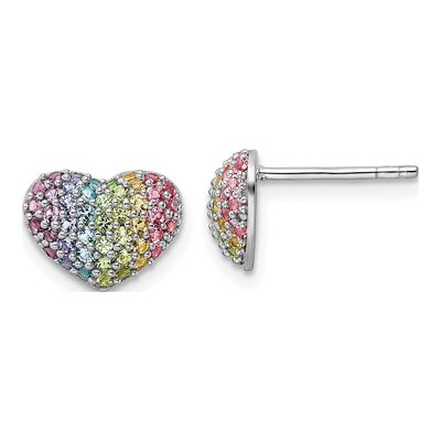 Sterling Silver Round Crystal Girls' Rainbow Heart Stud Earrings