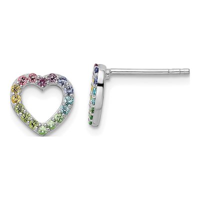 Sterling Silver Round Crystal Girls' Rainbow Heart Stud Earrings
