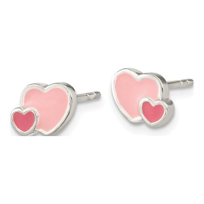 Sterling Silver Girls' Pink Enamel Heart Stud Earrings – view 3