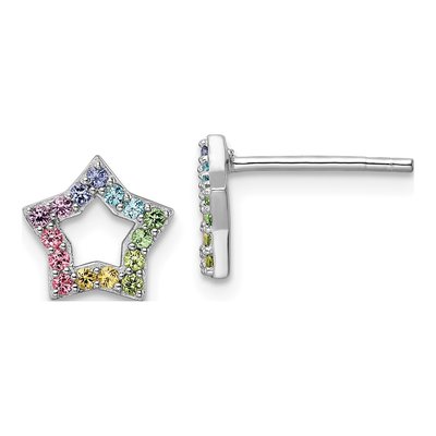 Sterling Silver Round Crystal Girls' Rainbow Star Stud Earrings