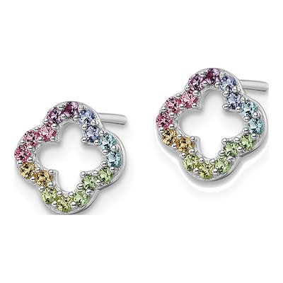 Sterling Silver Round Crystal Girls' Rainbow Clover Stud Earrings – view 3