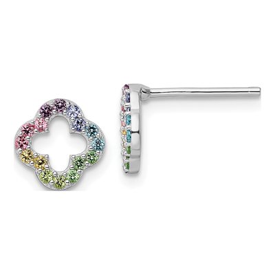 Sterling Silver Round Crystal Girls' Rainbow Clover Stud Earrings