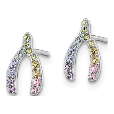 Sterling Silver Round Crystal Girls' Rainbow Wishbone Stud Earrings – view 3