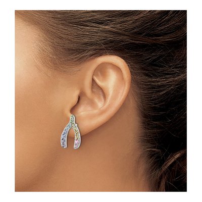 Sterling Silver Round Crystal Girls' Rainbow Wishbone Stud Earrings – view 4
