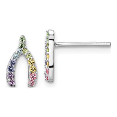 Sterling Silver Round Crystal Girls' Rainbow Wishbone Stud Earrings