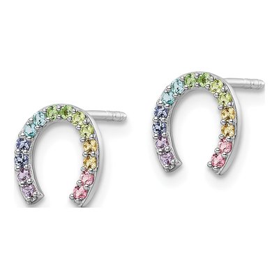 Sterling Silver Round Crystal Girls' Rainbow Horseshoe Stud Earrings – view 3