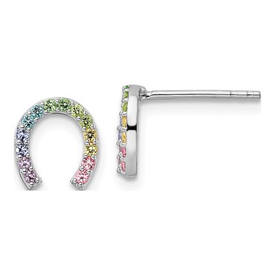 Sterling Silver Round Crystal Girls' Rainbow Horseshoe Stud Earrings