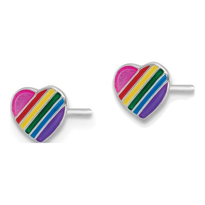 Sterling Silver Girls' Rainbow Enamel Heart Stud Earrings – view 3