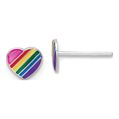 Sterling Silver Girls' Rainbow Enamel Heart Stud Earrings
