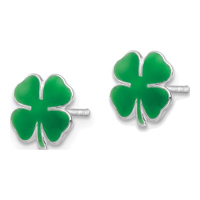 Sterling Silver Green Enamel Clover Kids' Stud Earrings – view 3