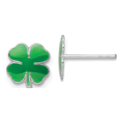 Sterling Silver Green Enamel Clover Kids' Stud Earrings