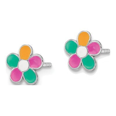 Sterling Silver Girls' Enamel Flower Stud Earrings – view 3