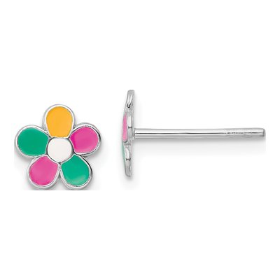 Sterling Silver Girls' Enamel Flower Stud Earrings