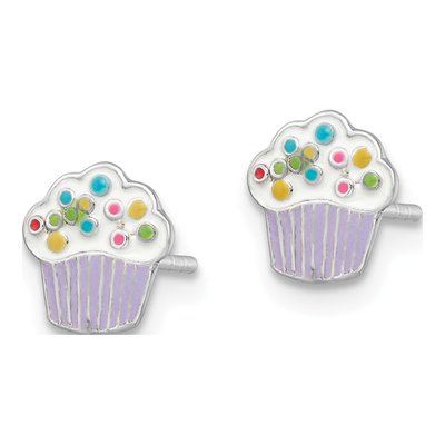 Sterling Silver Girls' Enamel Cupcake Stud Earrings – view 3