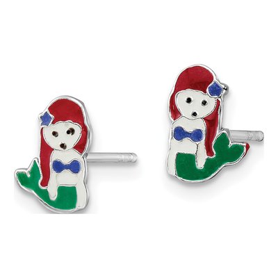 Sterling Silver Girls' Enamel Mermaid Stud Earrings – view 3