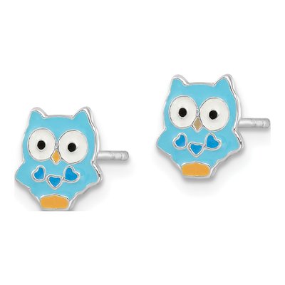 Sterling Silver Girls' Enamel Blue Owl Stud Earrings – view 3
