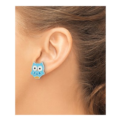 Sterling Silver Girls' Enamel Blue Owl Stud Earrings – view 4