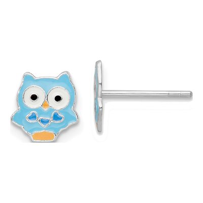 Sterling Silver Girls' Enamel Blue Owl Stud Earrings